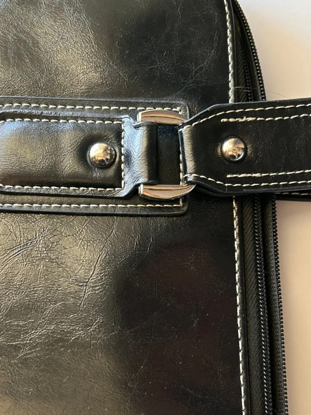 Samsonite Black Faux Leather Laptop Tote Work Bag Contrast Stitch Zip
